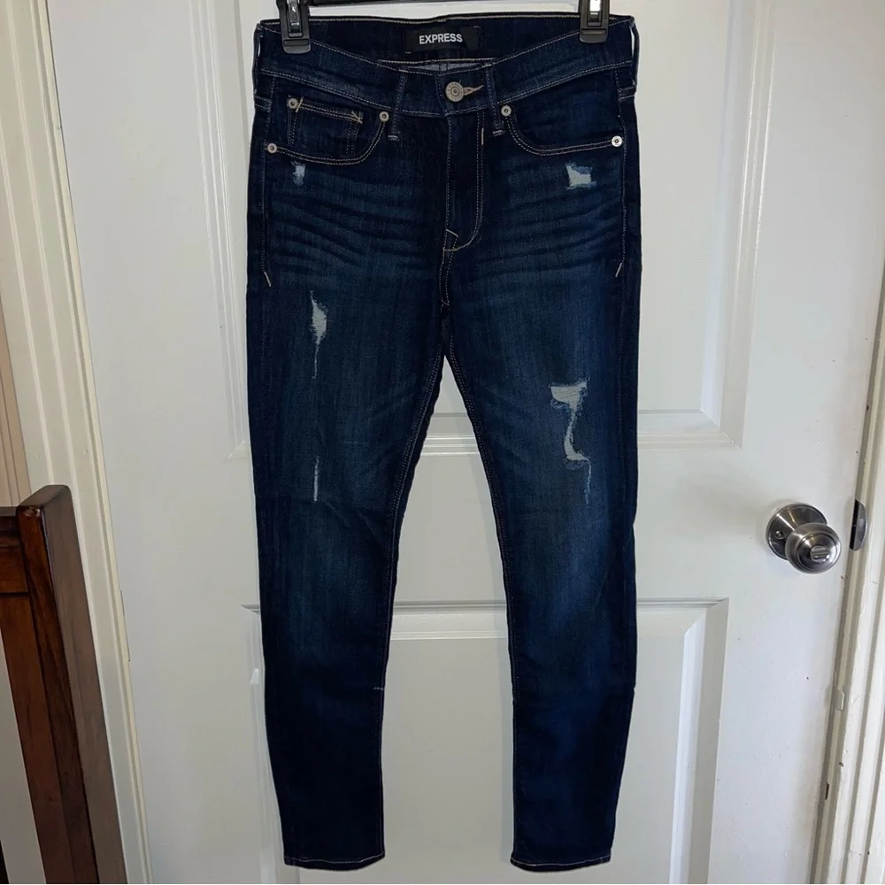 Express Dark Wash Ripped Mid Rise Legging - Picture 2 of 7